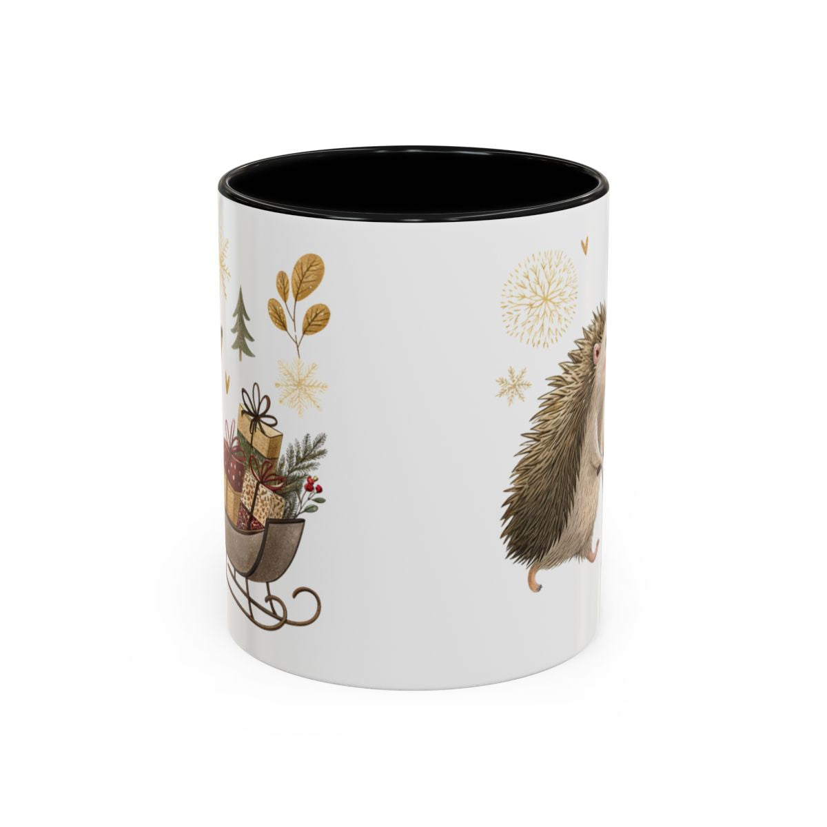 Festive Holiday Mug with Hedgehog and Sleigh Design