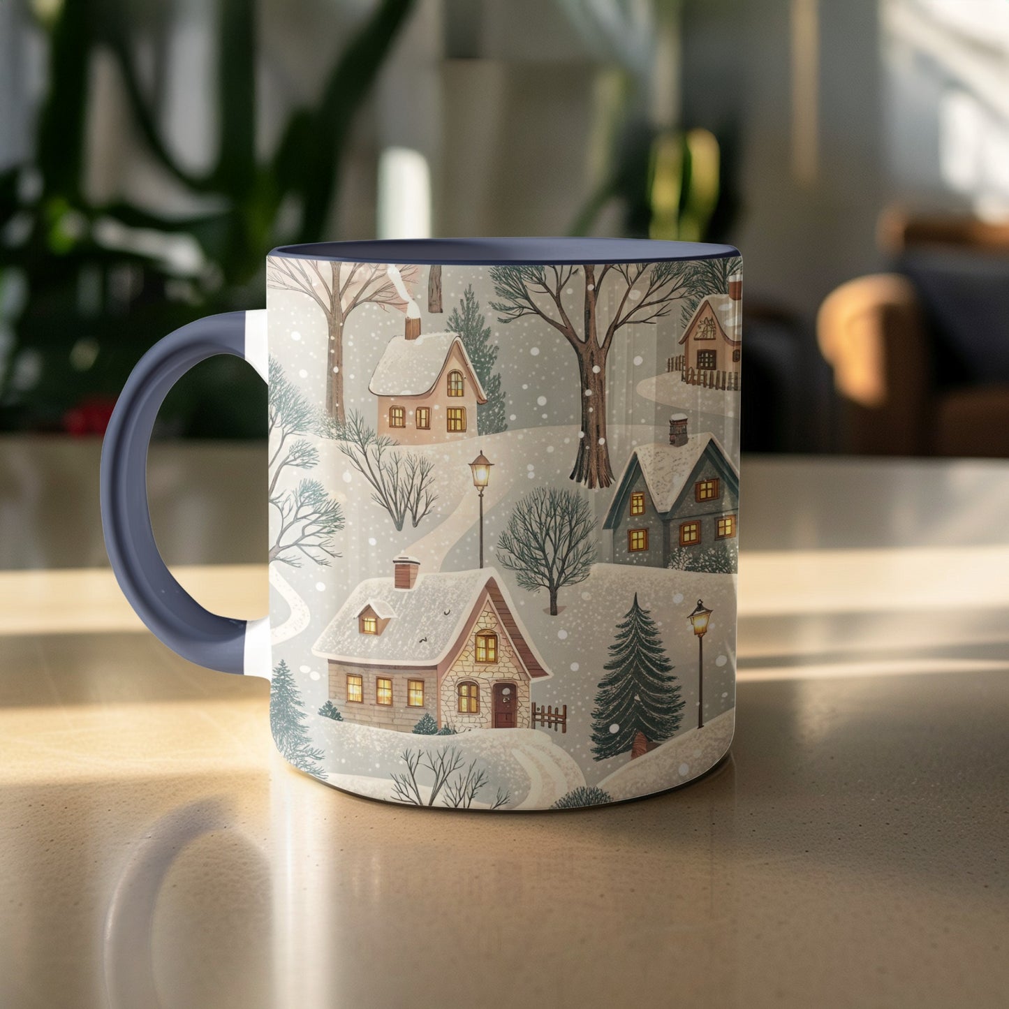 Snowy Village Scene Illustrated Mug