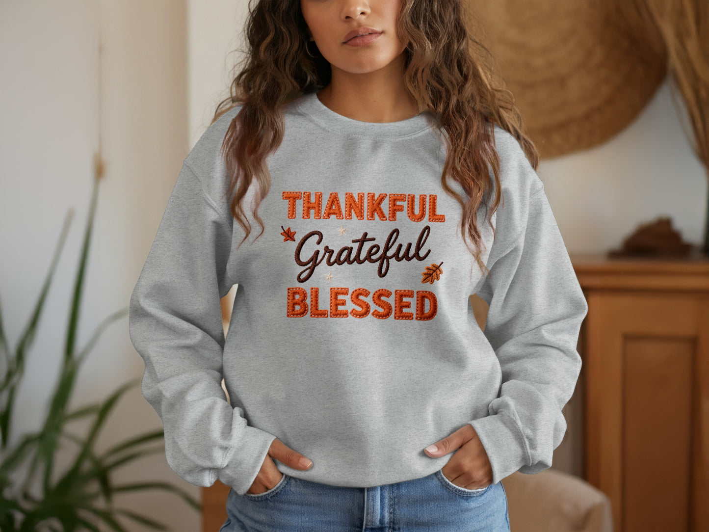 Thankful Grateful Blessed Autumn Embroidered Sweatshirt