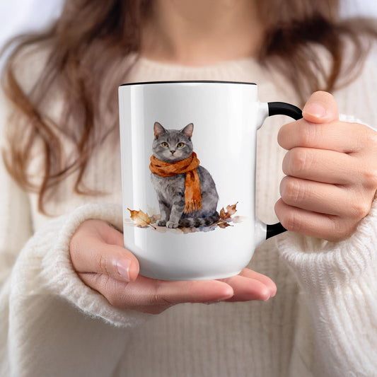 Cute Cat with Scarf and Leaves Design Mug product