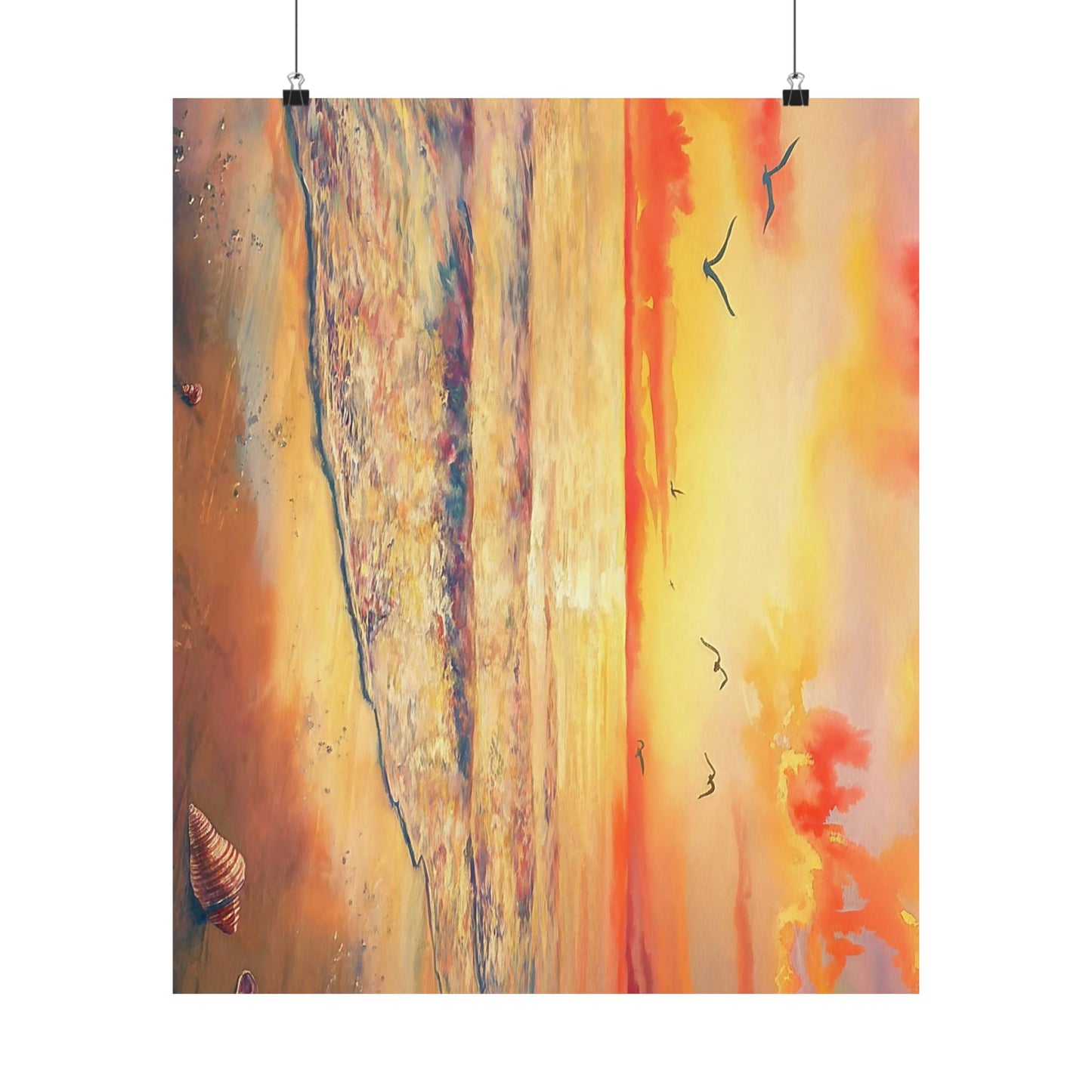 Ocean Sunset With Seagulls Watercolor Poster