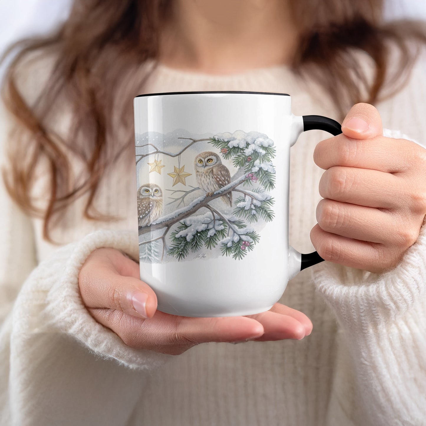 Winter Owl Design White and Black Mug Product