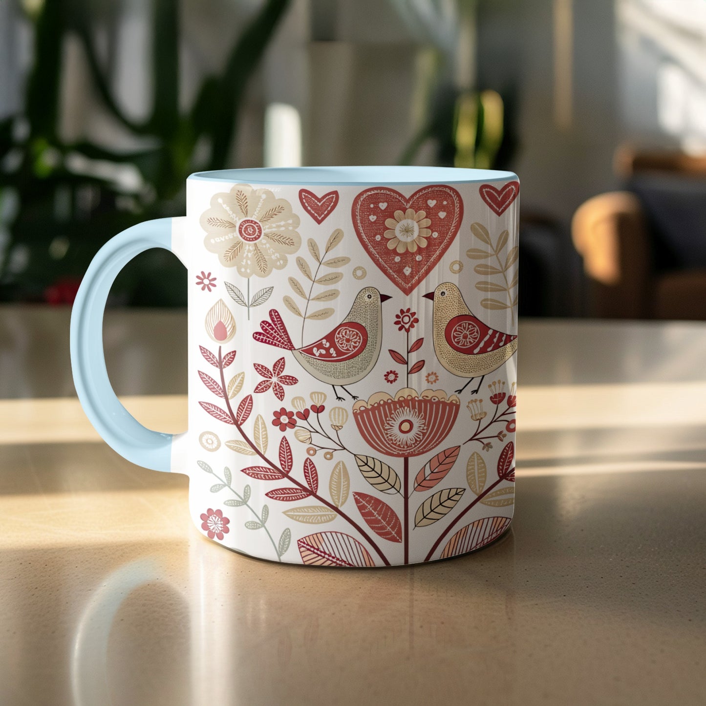 Colorful birds and floral design mug