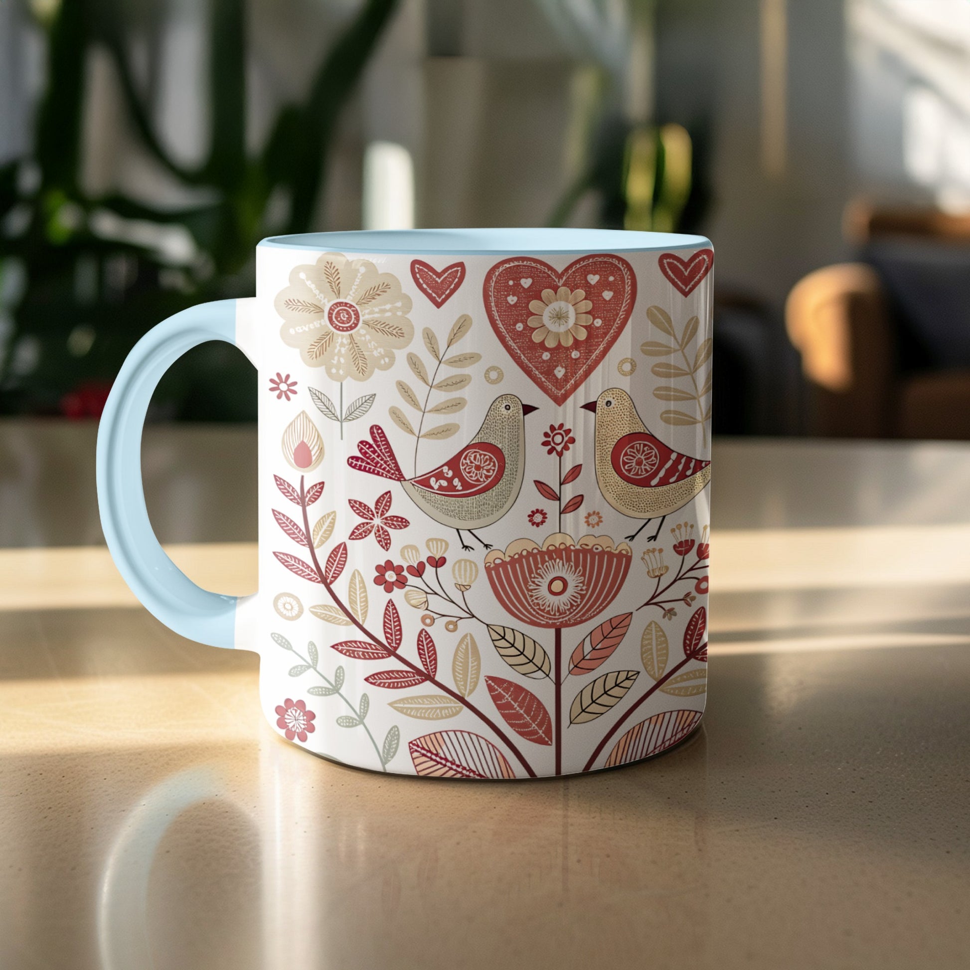 Colorful birds and floral design mug