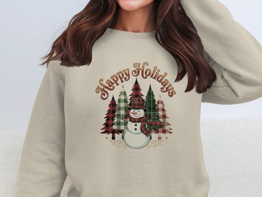 Happy Holidays Festive Sweatshirt with Snowman Design
