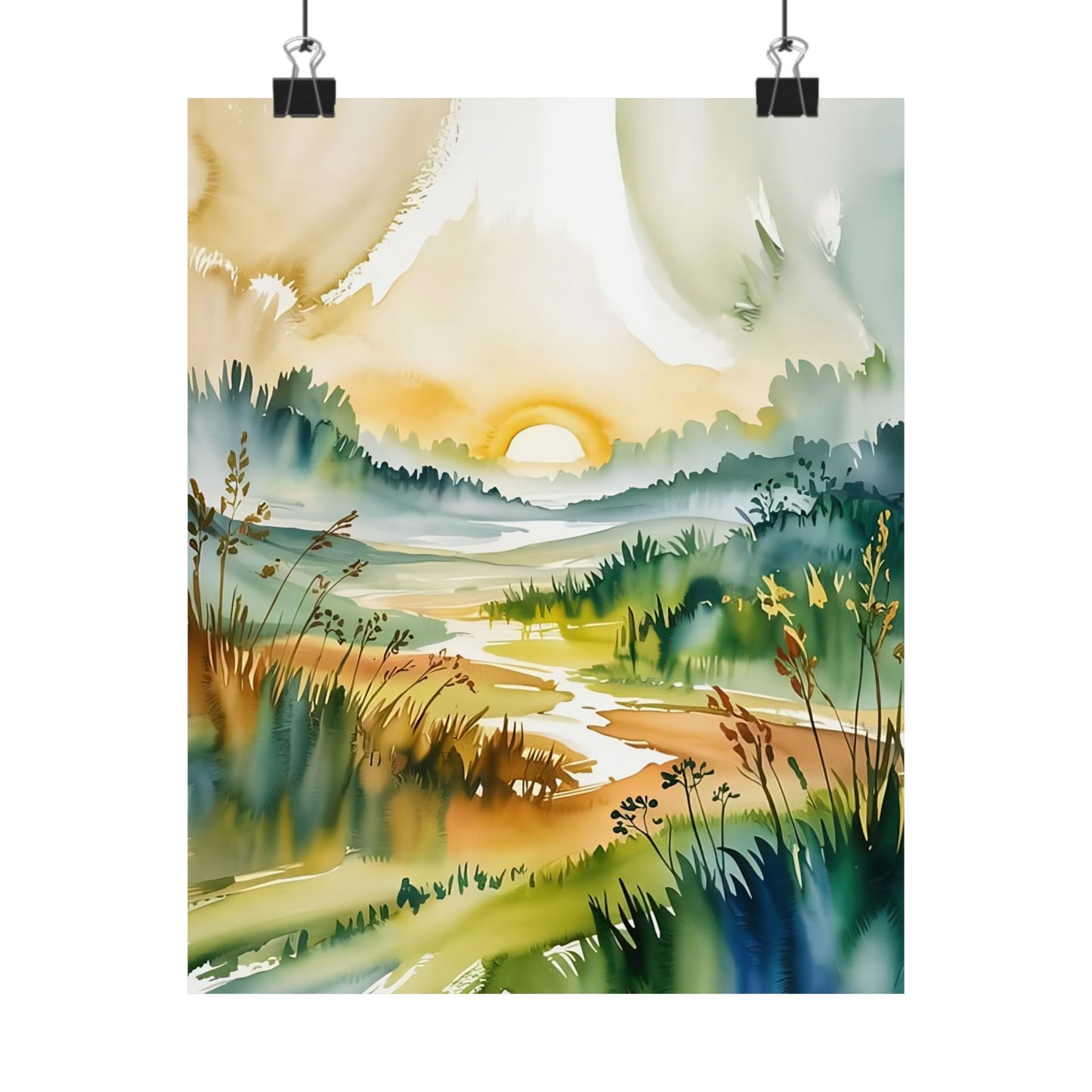 Morning Meadow Sunrise Watercolor Poster