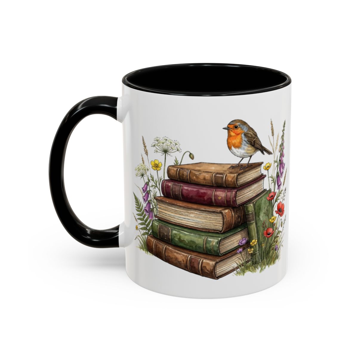 Charming Bird on Books Mug for Nature and Literature Lovers