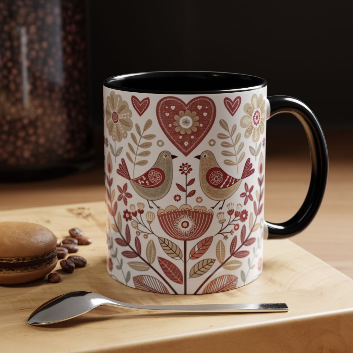 Decorative Mug with Heart and Bird Design