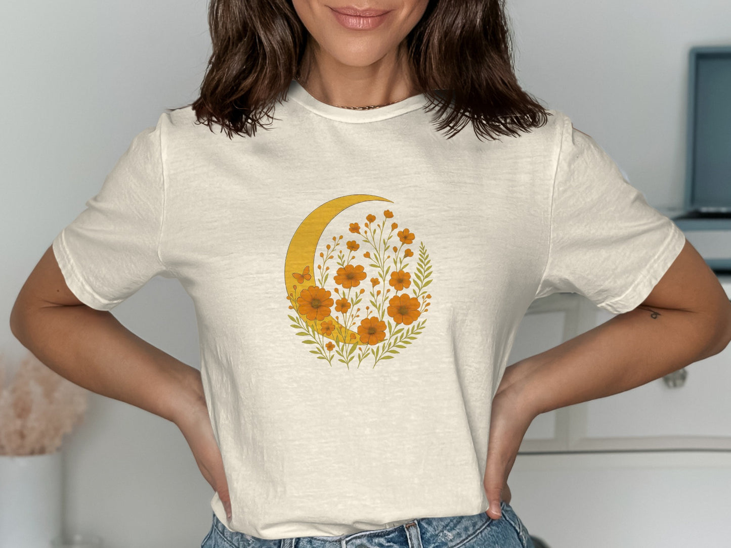 Crescent Moon and Floral Design T-shirt product