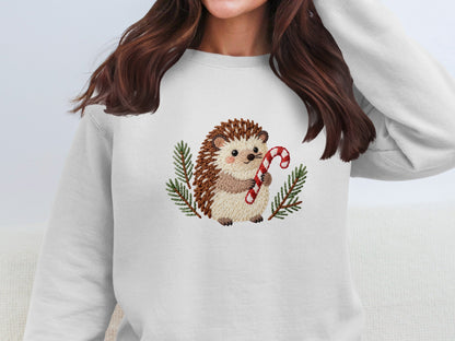 Adorable Hedgehog Holding Candy Cane Sweatshirt