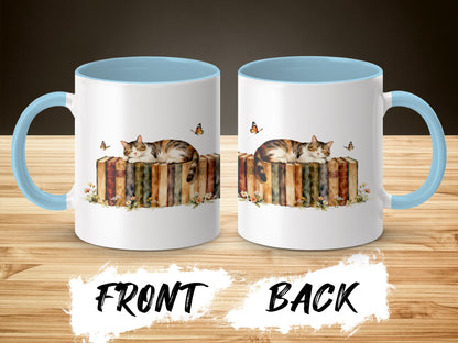 Cat Napping On Books With Butterflies Mug product type