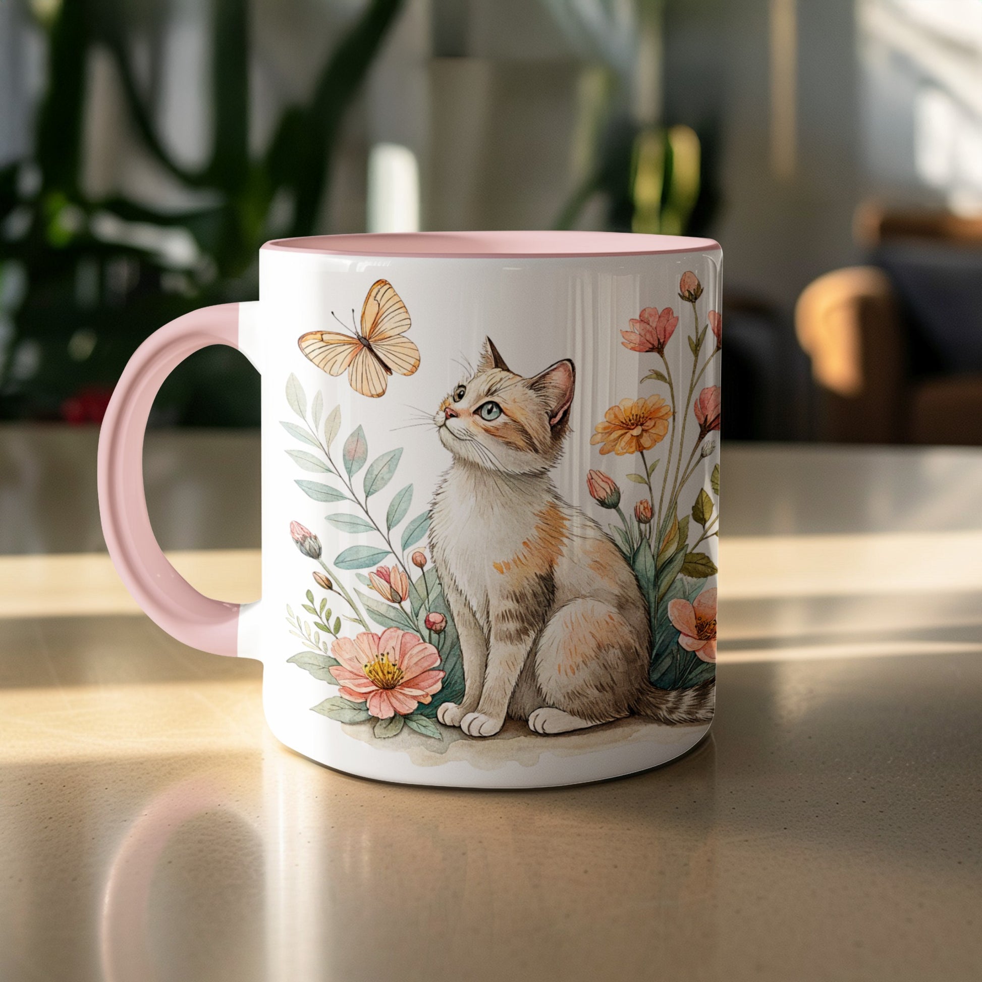 Cute Cat and Butterfly Illustration Coffee Mug