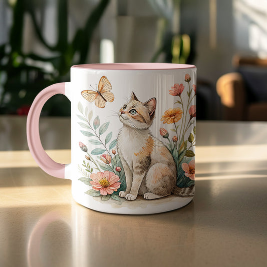 Cute Cat and Butterfly Illustration Coffee Mug