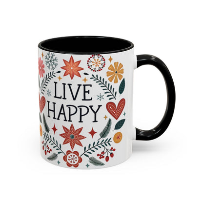 Live Happy Festive Mug with Floral and Heart Motifs