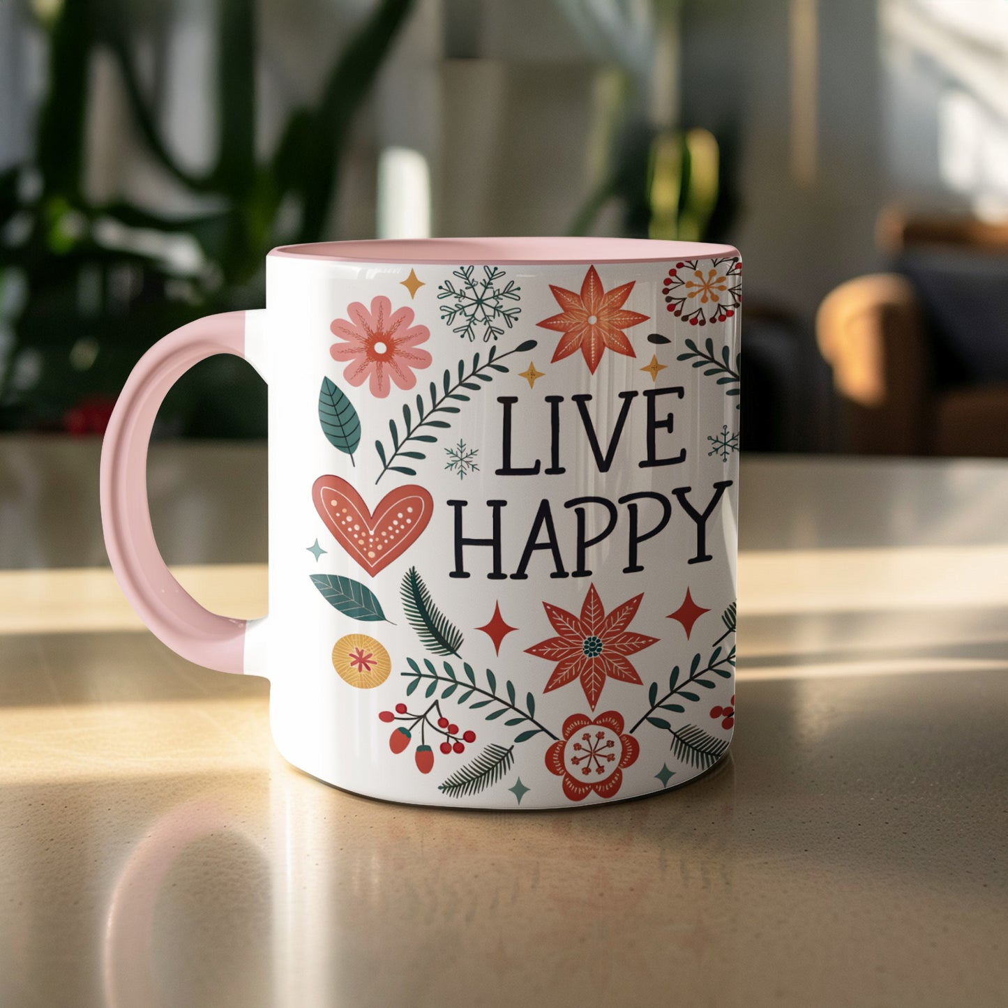 Live Happy Festive Floral Mug for Daily Inspiration