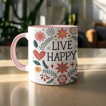Live Happy Festive Floral Mug for Daily Inspiration