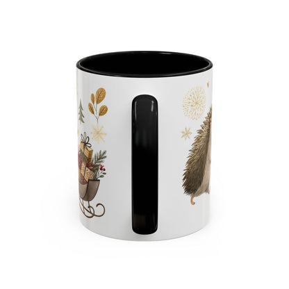 Festive Hedgehog Christmas Themed Black Handle Mug