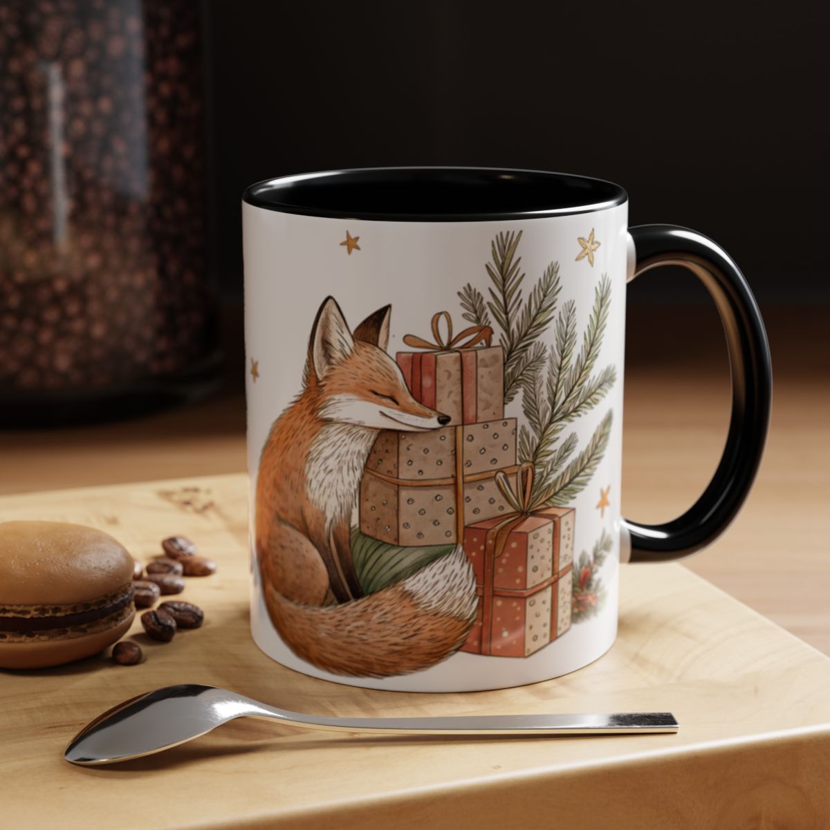 Cozy Festive Fox and Wrapped Gifts Illustration Mug