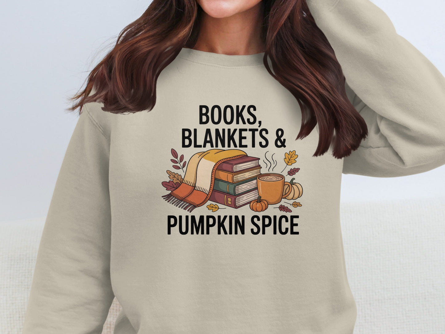 Cozy season sweatshirt with books blankets and pumpkin spice