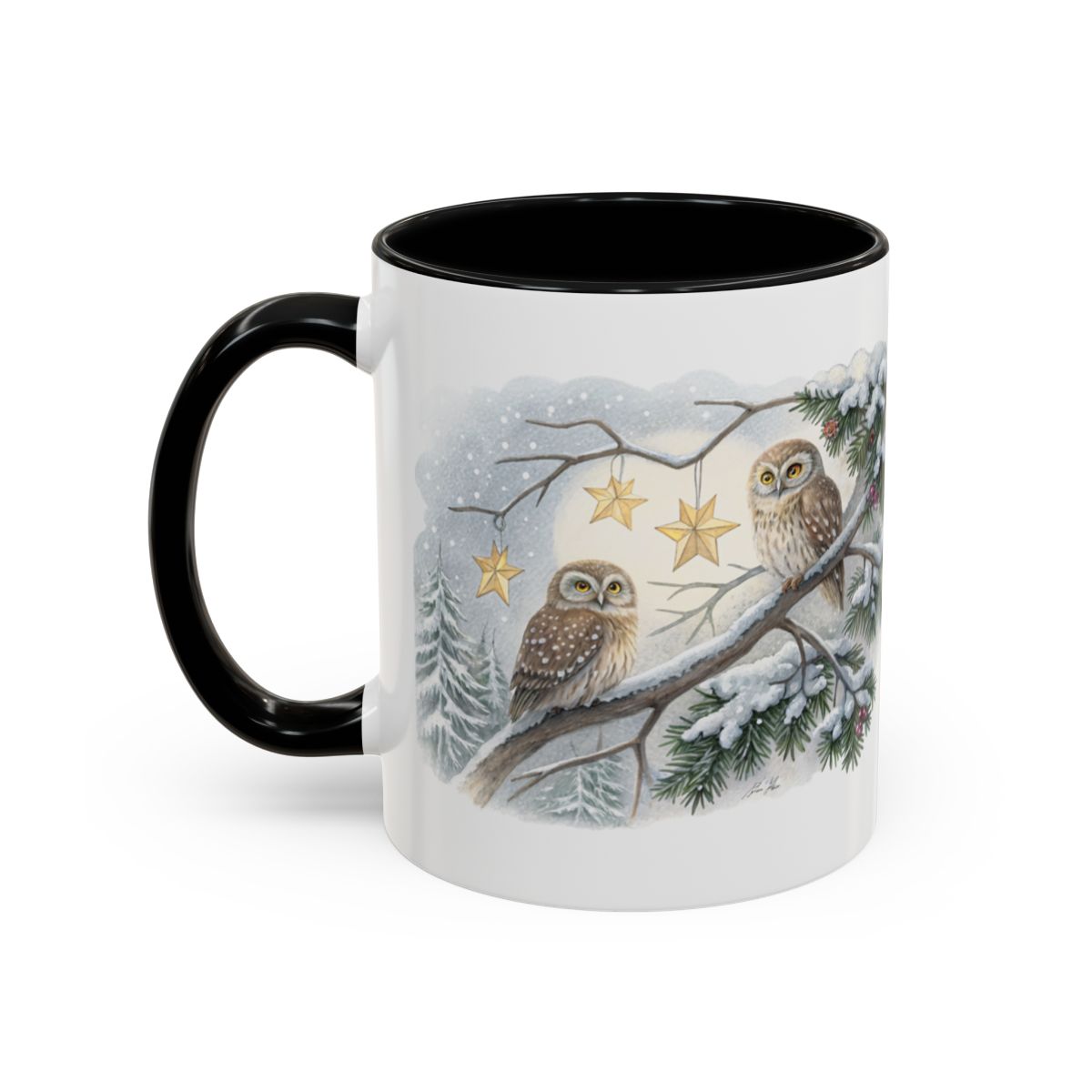 Cute Owls on Snowy Branch with Stars Mug