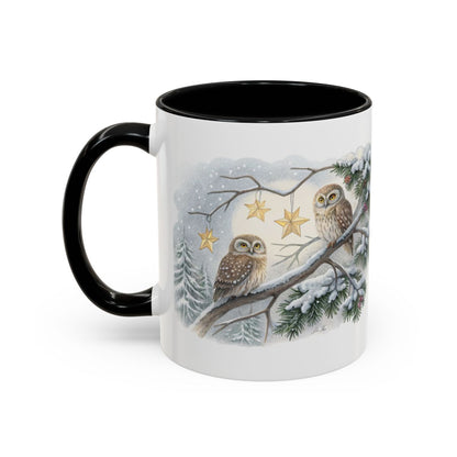 Cute Owls on Snowy Branch with Stars Mug