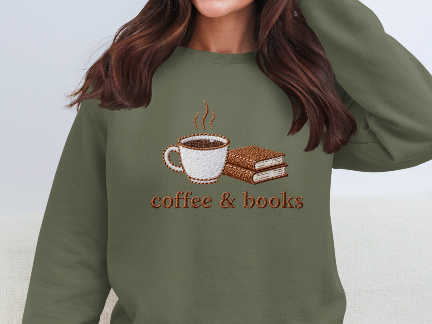 Cozy Sweatshirt with Coffee and Books Embroidery