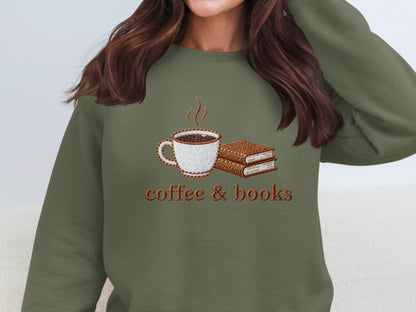 Cozy Sweatshirt with Coffee and Books Embroidery