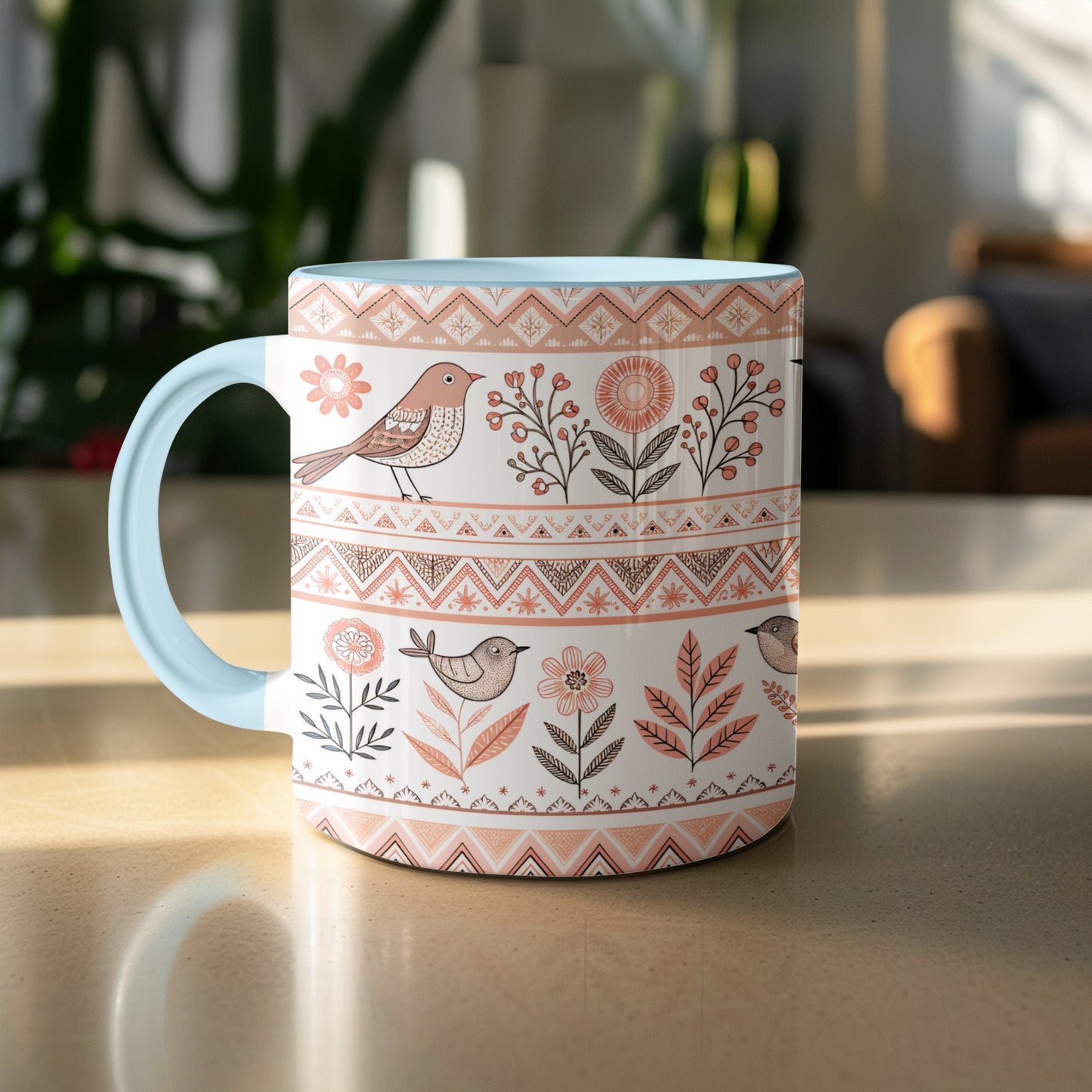 Whimsical Birds and Floral Pattern Mug