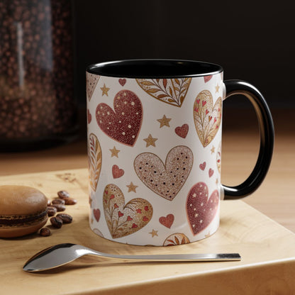 Heart Patterned Mug with Stars and Leaves Design
