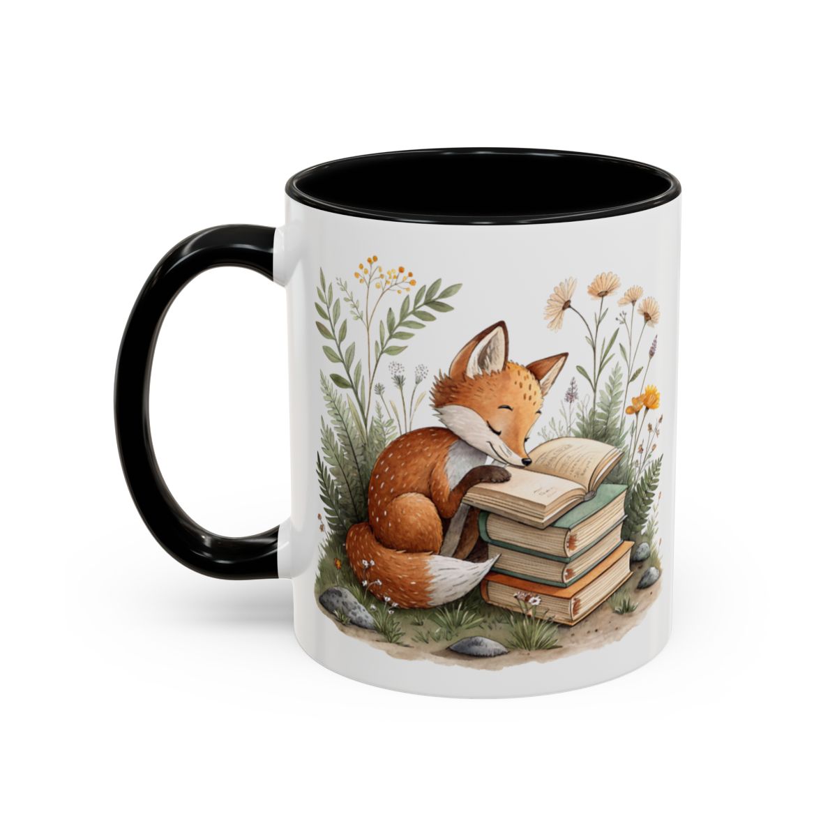 Fox Reading Books with Flowers Mug