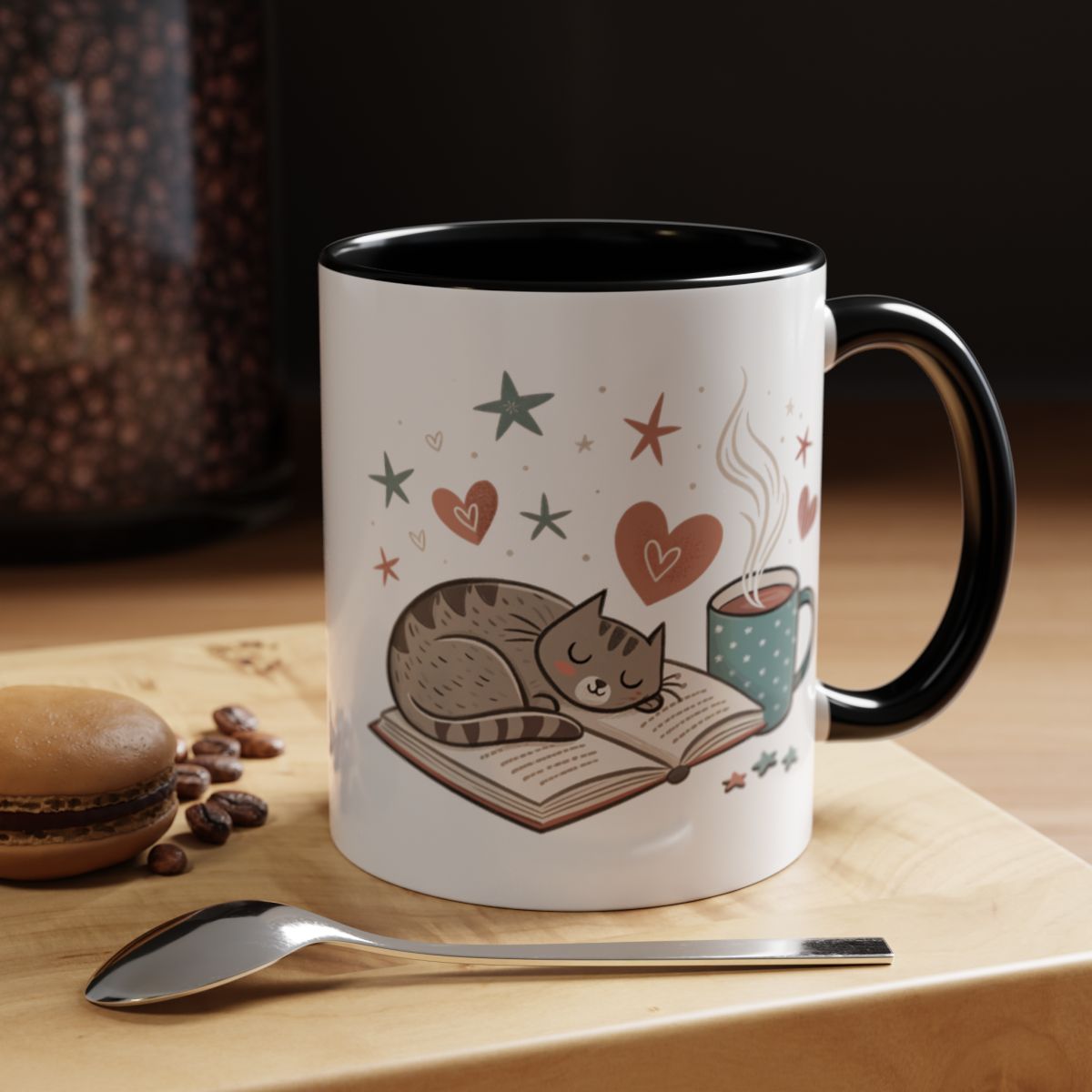 Cozy Cat Reading Mug With Hearts And Stars Design
