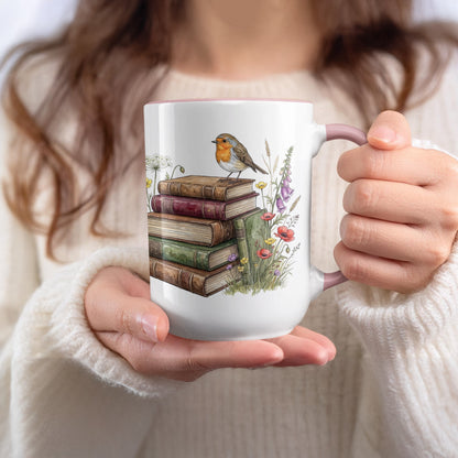 Charming Bird on Stacked Books Design Ceramic Mug