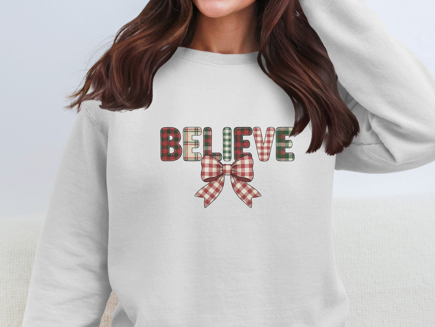 BELIEVE Plaid Bow Graphic Sweatshirt