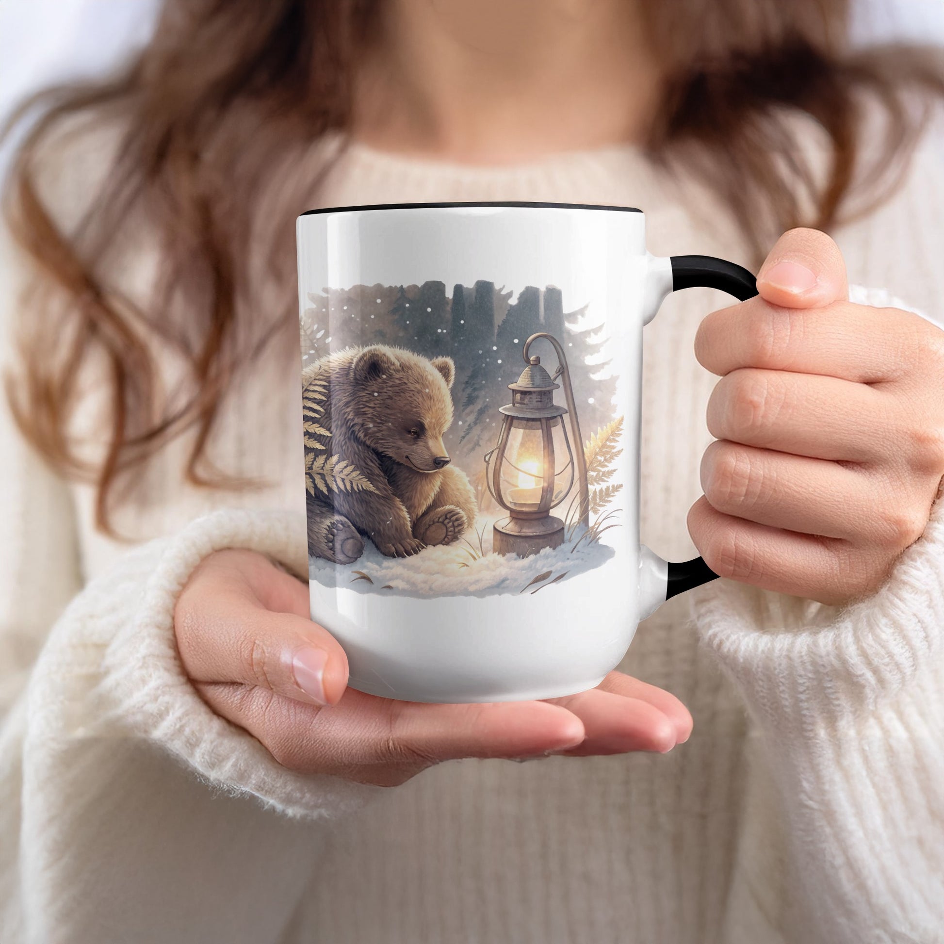 Adorable Bear and Lantern Winter Scene Mug