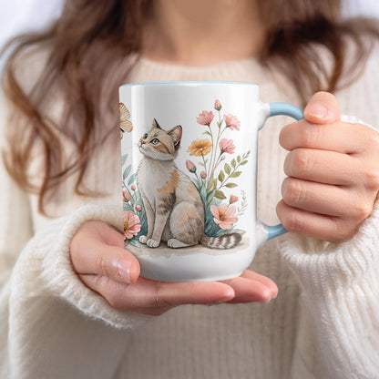 Cat Themed Mug with Floral and Butterfly Design