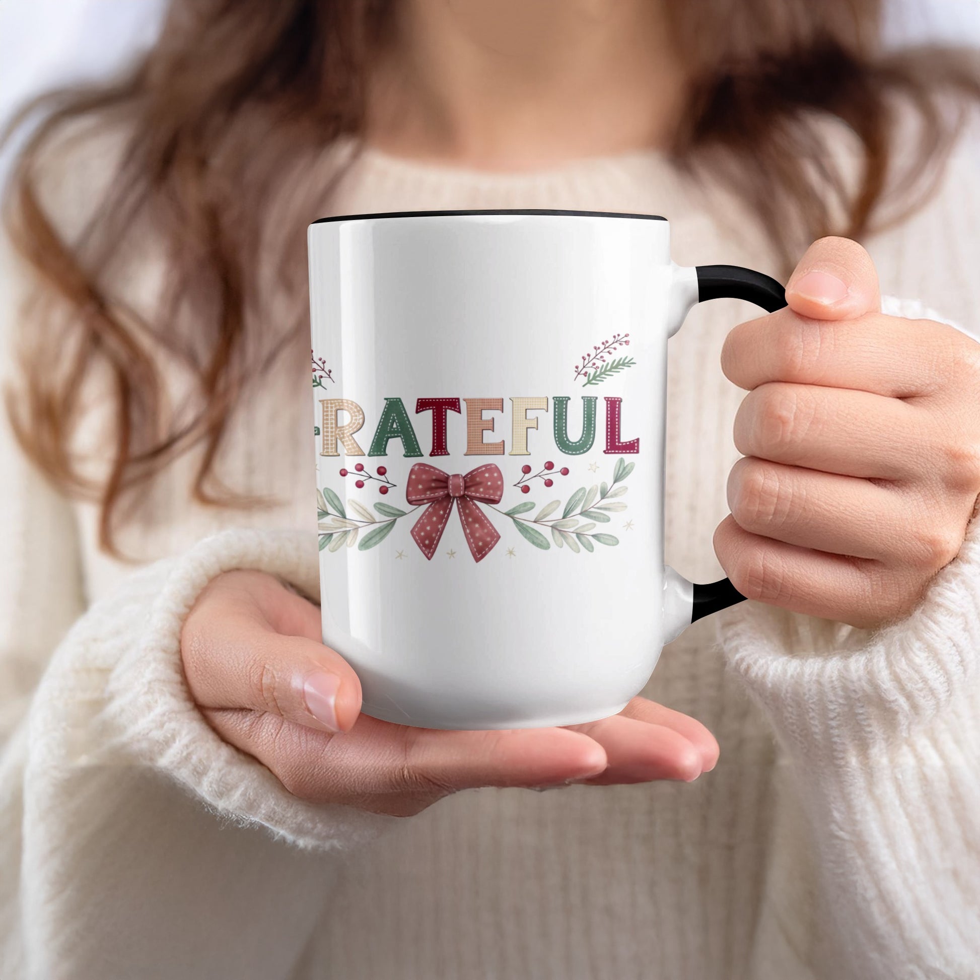 Grateful Mug with Festive Bow and Flora Design