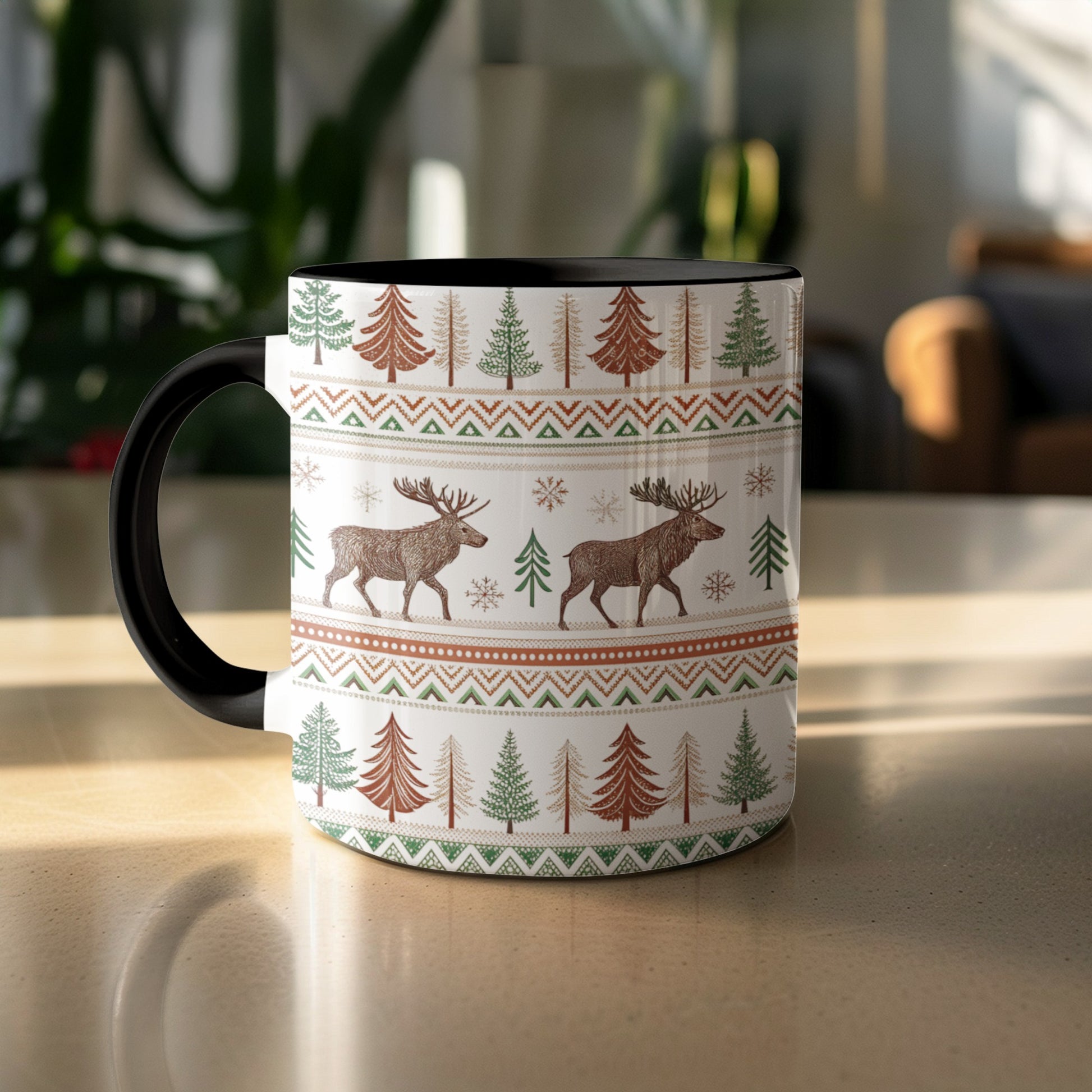 Festive Reindeer and Pine Trees Pattern Mug