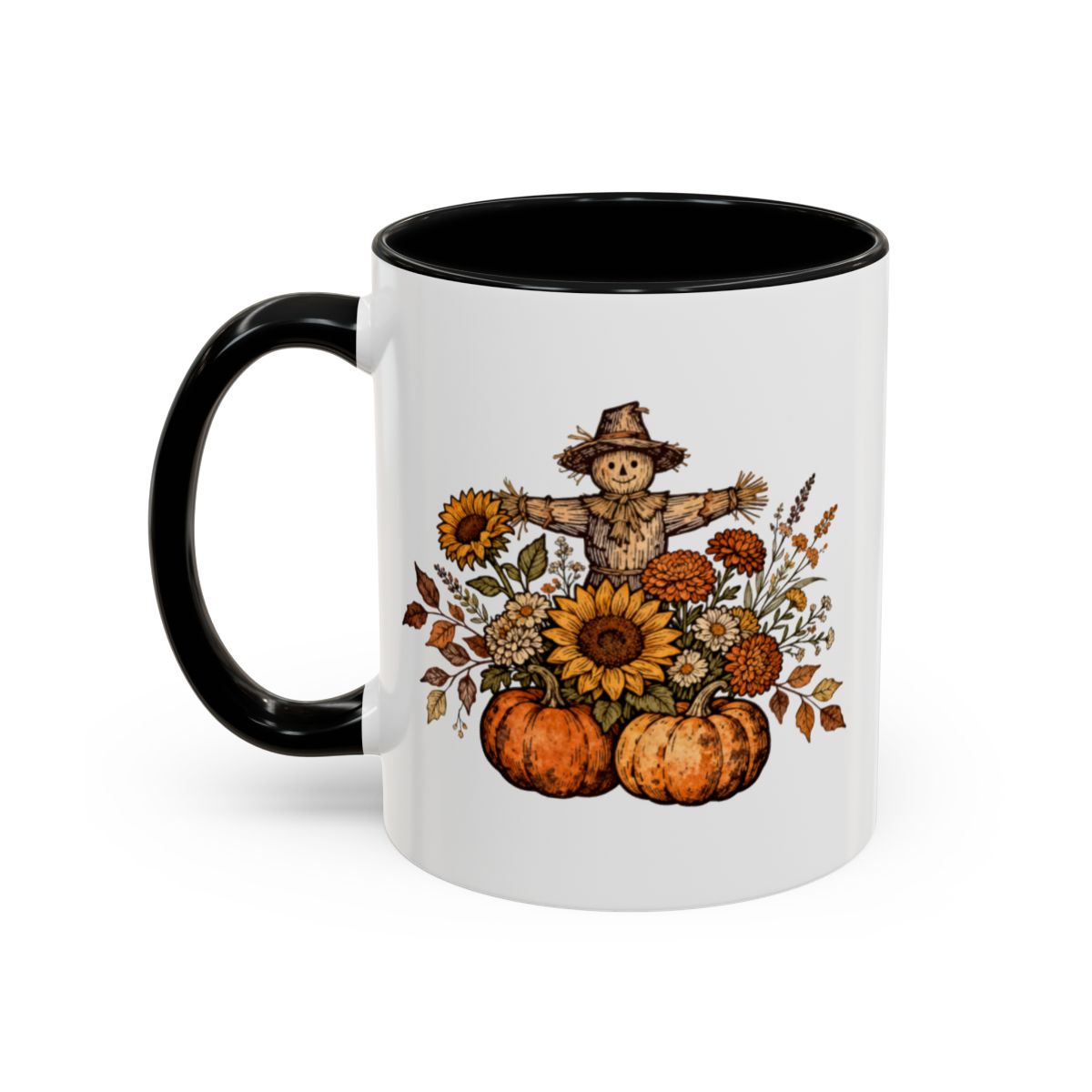 Autumn Scarecrow with Sunflowers and Pumpkins mug