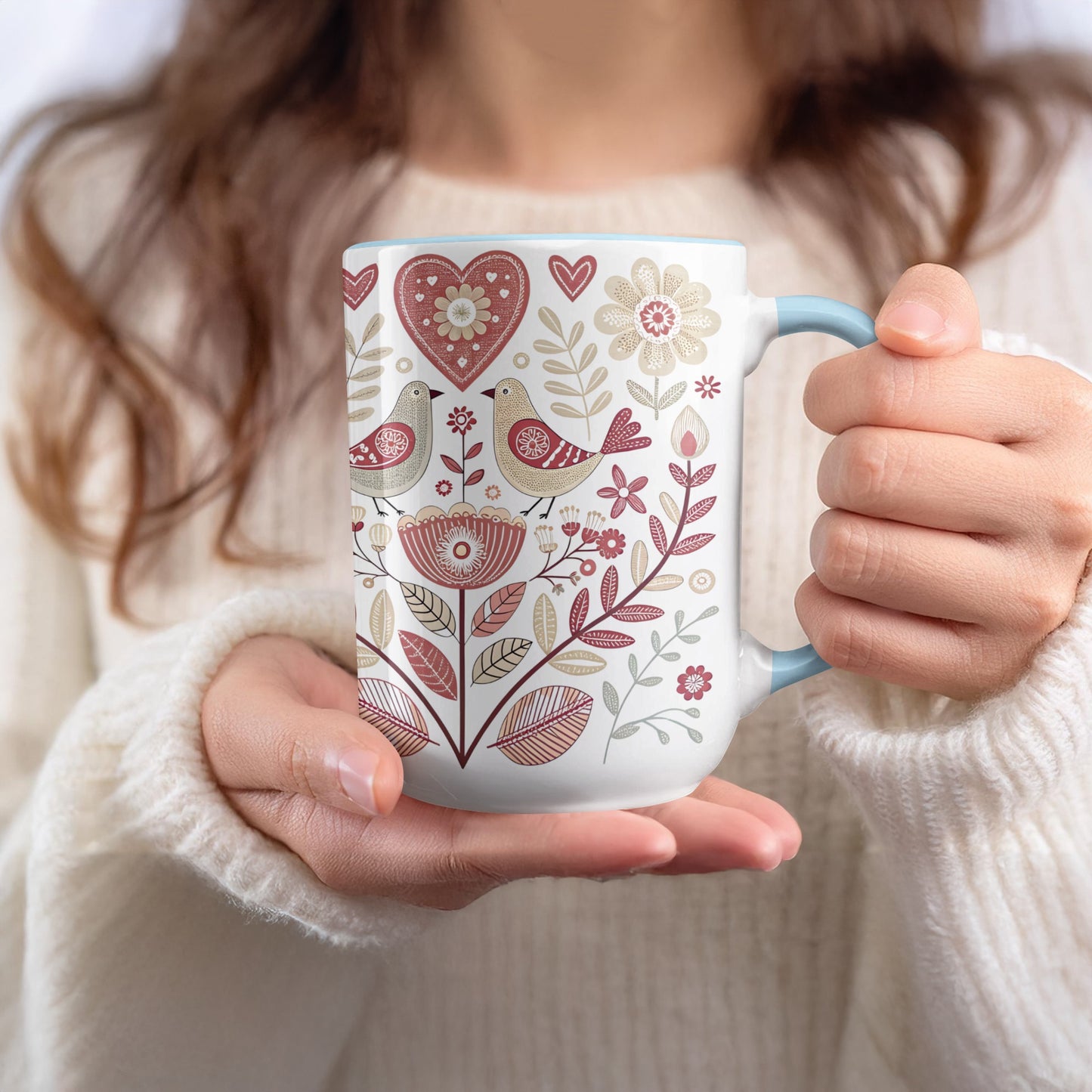 Heart and Bird Pattern Mug for Cozy Mornings