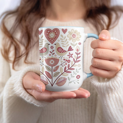 Heart and Bird Pattern Mug for Cozy Mornings