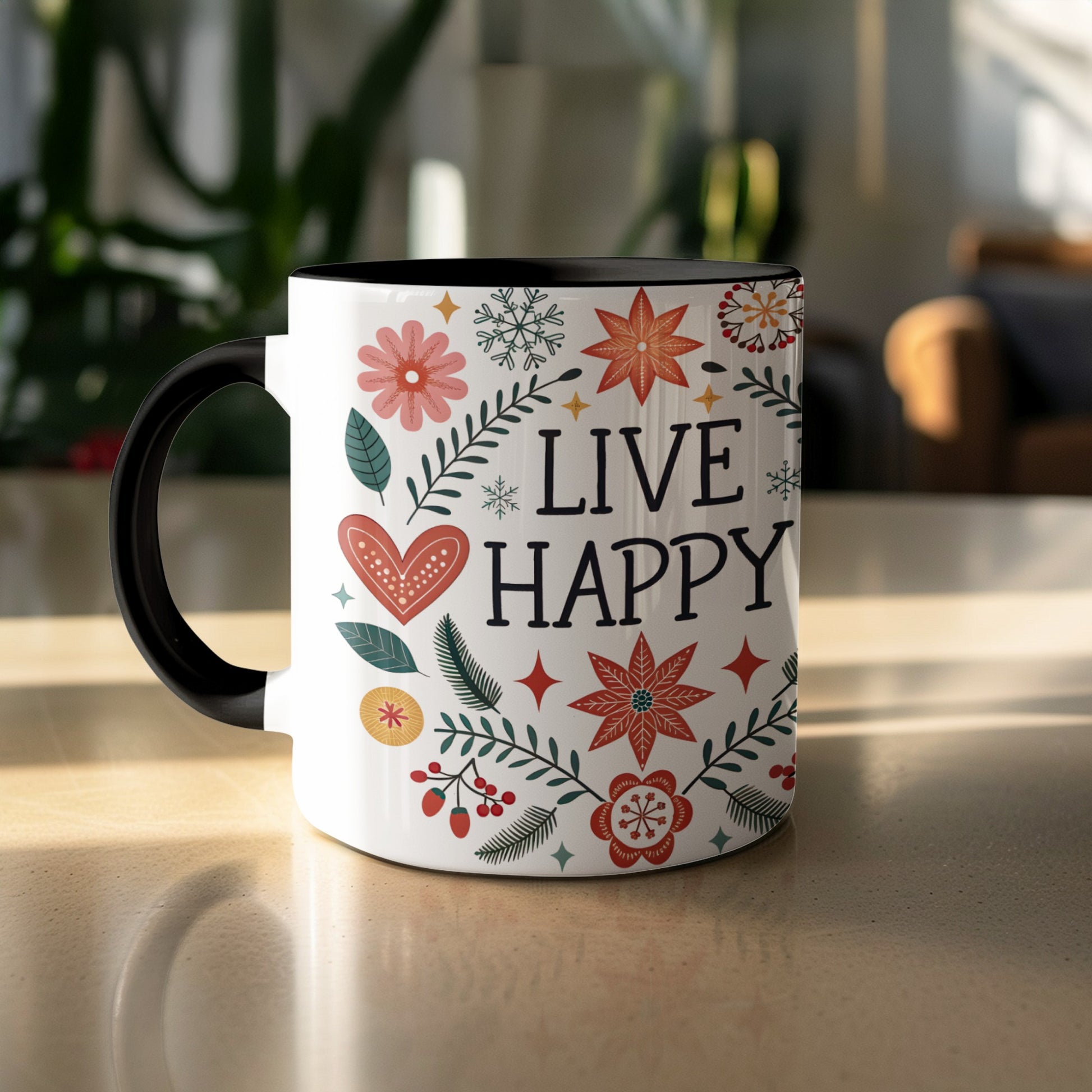 Live Happy Mug with Colorful Floral Design