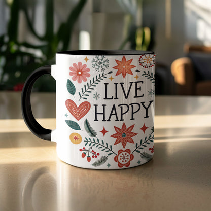 Live Happy Mug with Colorful Floral Design