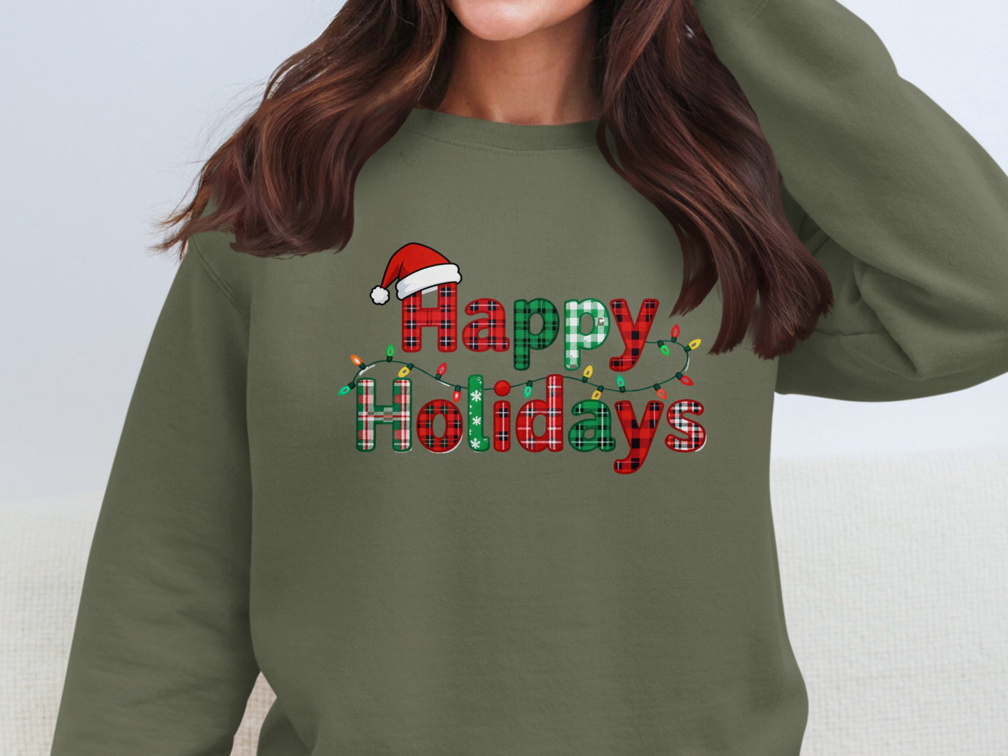 Festive Happy Holidays Santa Hat and Lights Sweatshirt