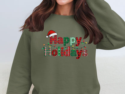 Festive Happy Holidays Santa Hat and Lights Sweatshirt