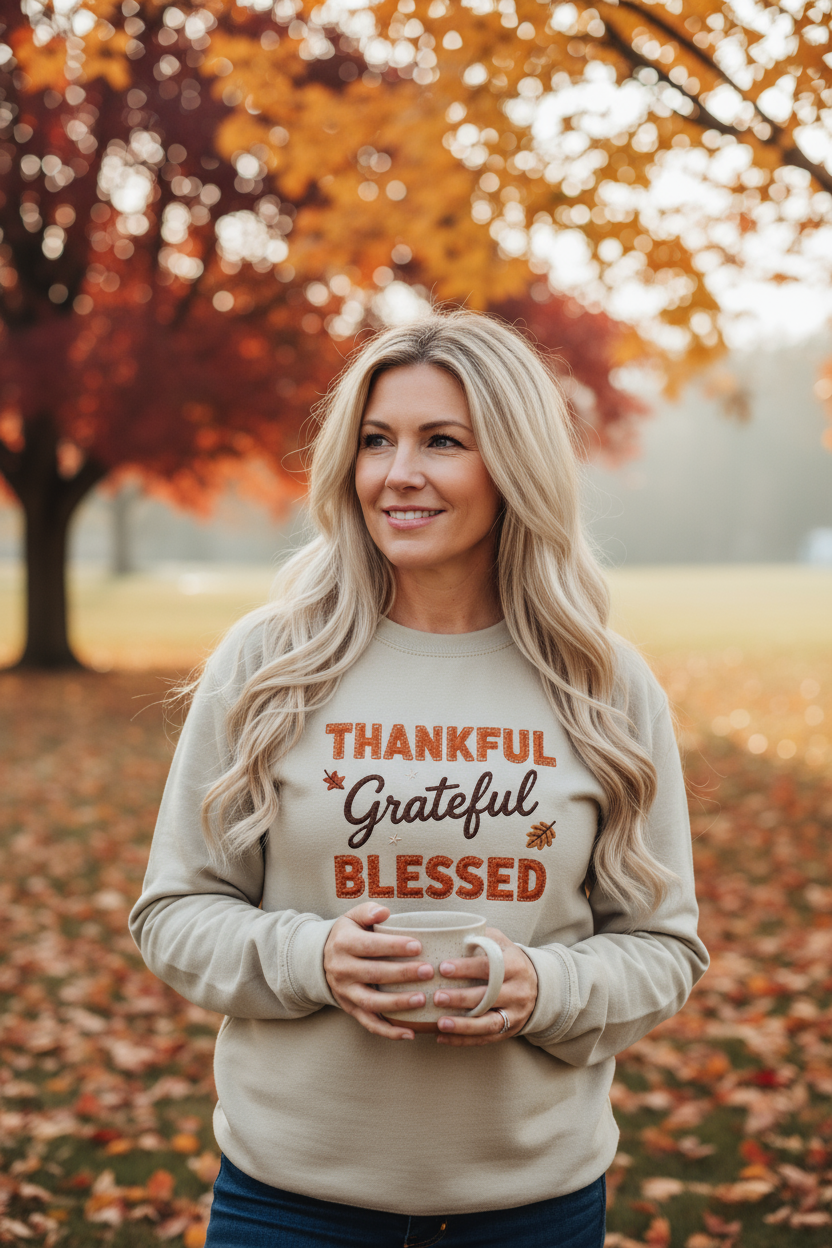 Thankful Grateful Blessed Autumn Embroidered Sweatshirt