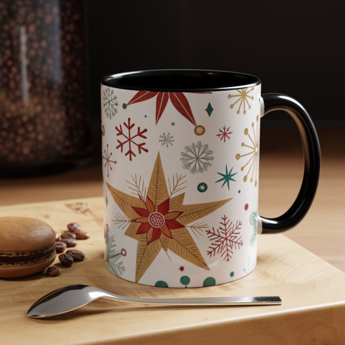 Festive Holiday Star and Snowflake Design Mug