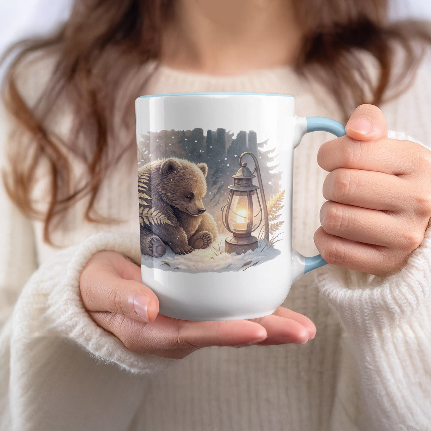 Adorable Bear with Lantern Winter Scene Mug