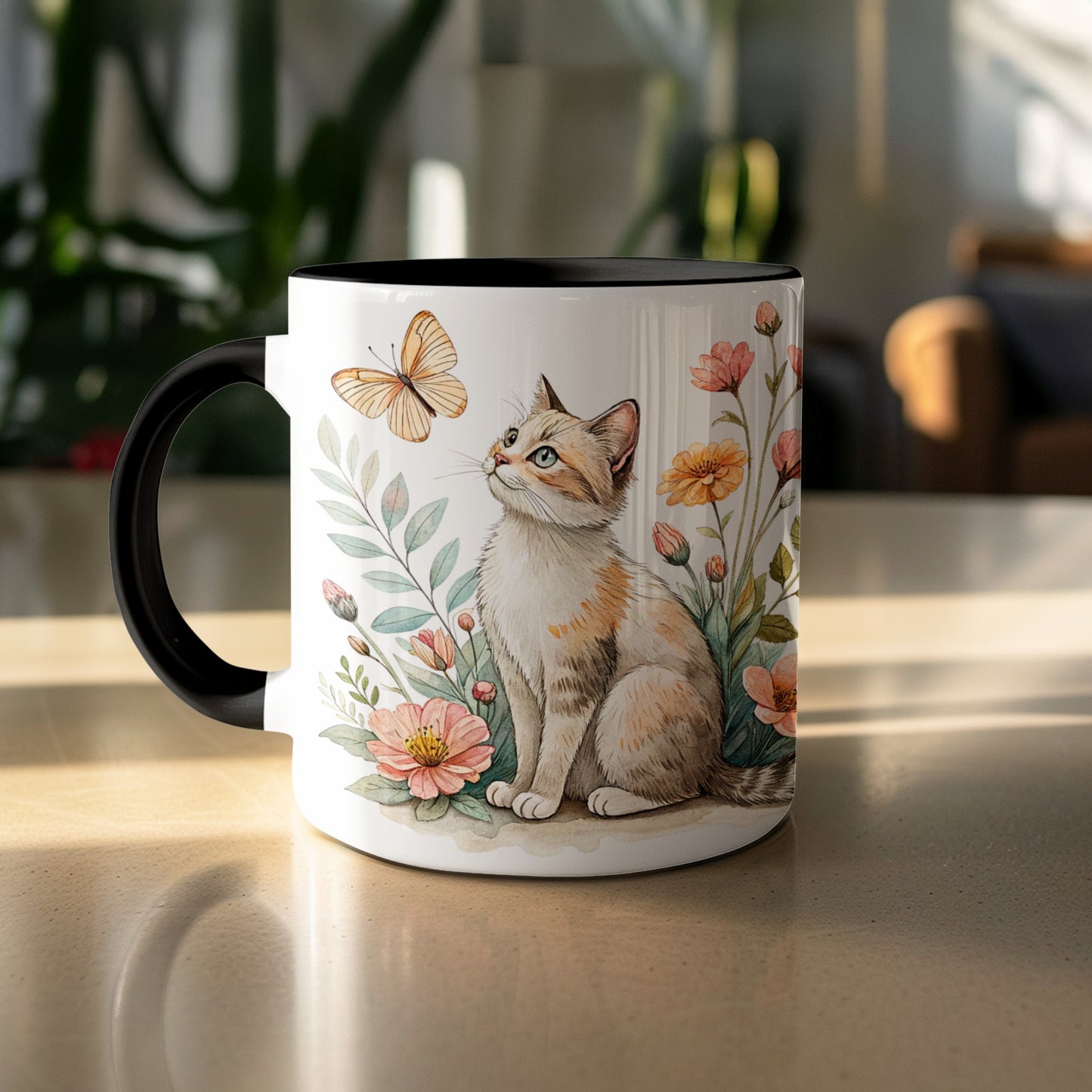 Cute Cat with Flowers and Butterfly Mug