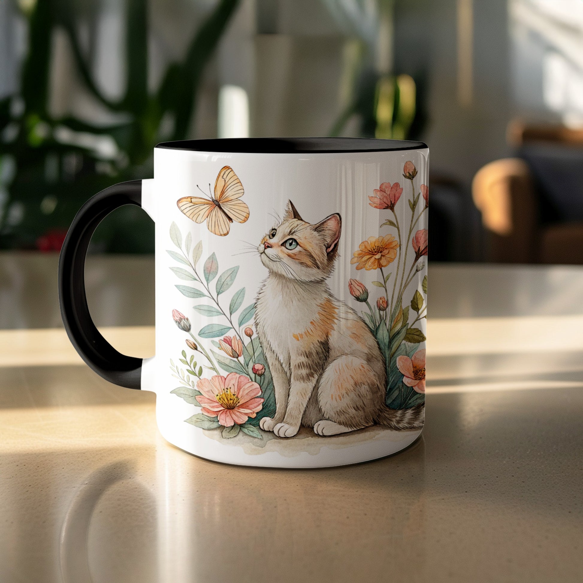 Cute Cat with Flowers and Butterfly Mug