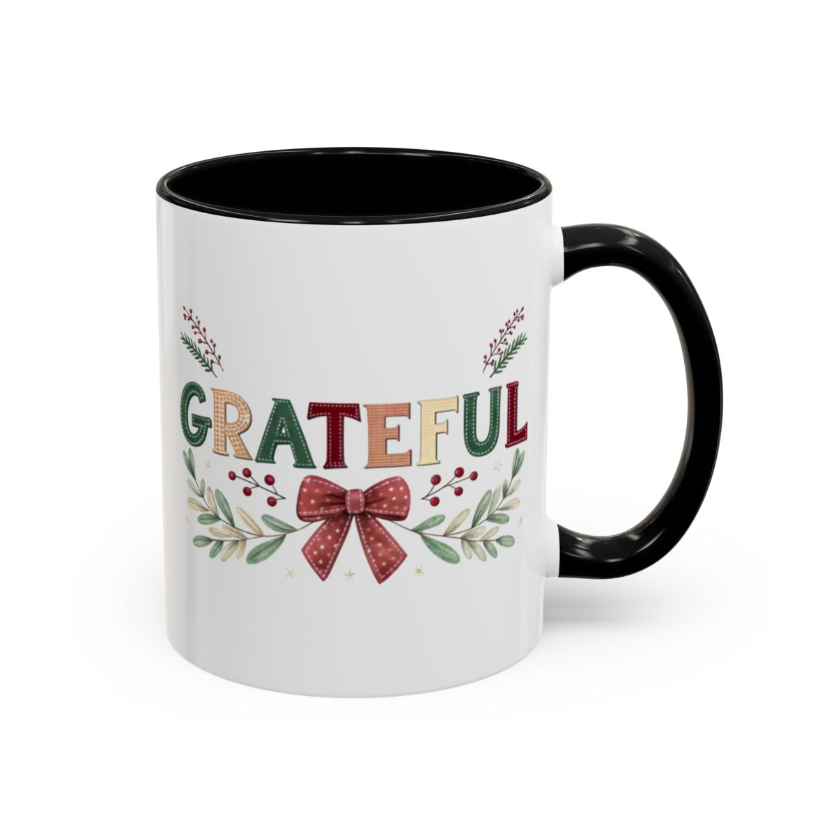 Festive Grateful Mug with Holiday Bow and Foliage